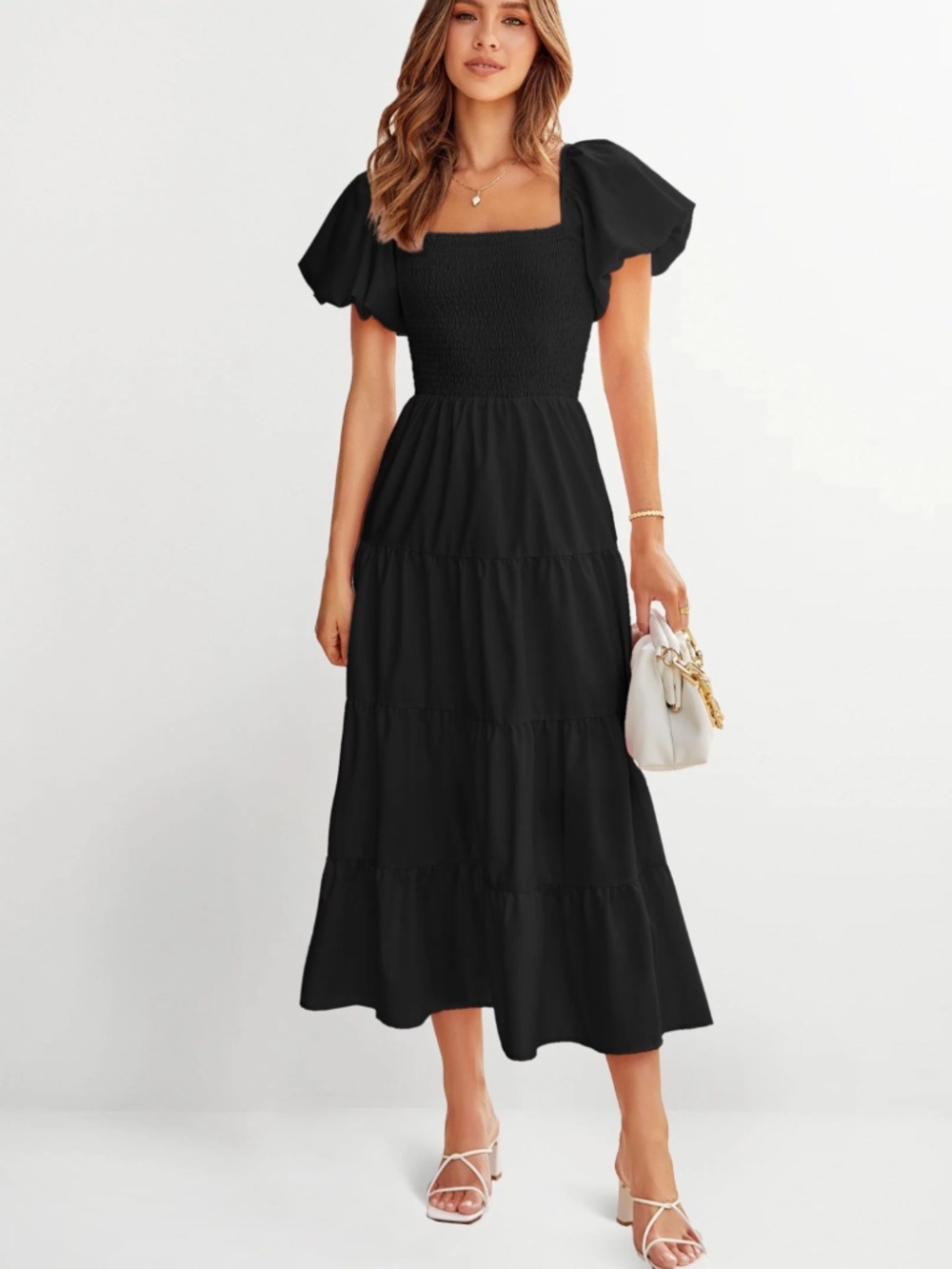 PRETTYGARDEN Women's Black Square Neck Smocked Tiered Ruffle Midi Dress Size XL